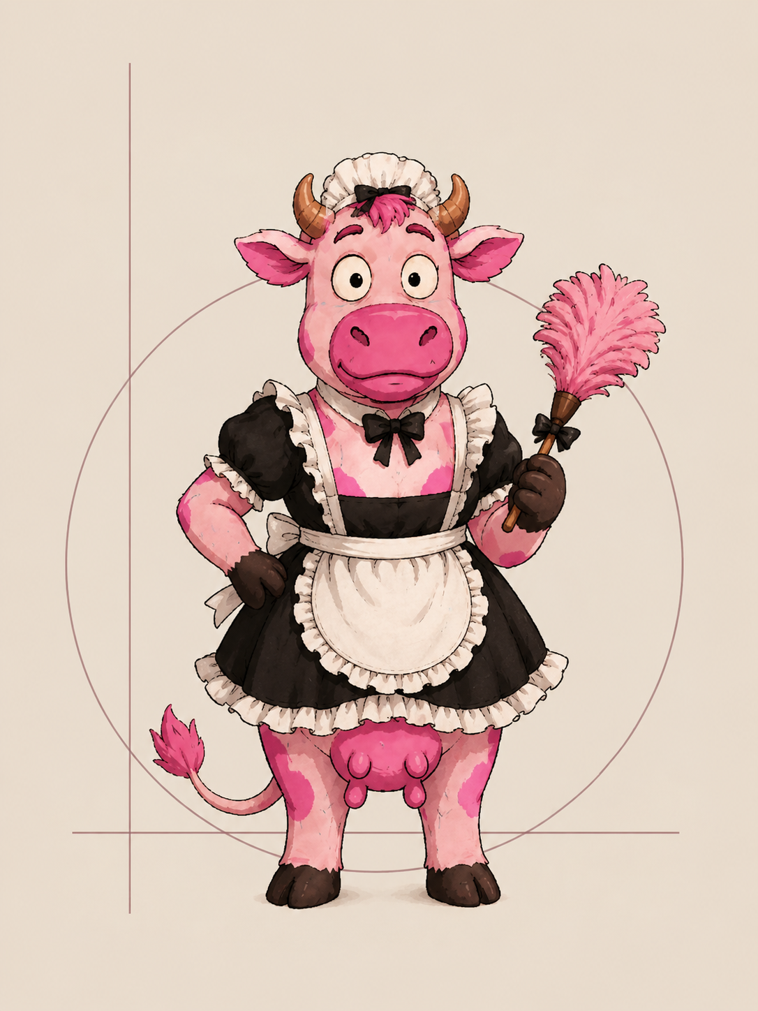 The pink Milkmaid cow holding a feather duster